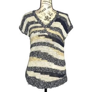 Lucky Brand SMALL Striped Loose Knit Notched V-Neck Short Sleeve Sweater